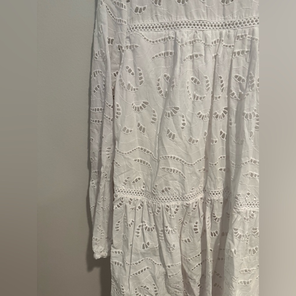 Loft White Eyelet bridal Lace Mini Dress Boho Cottagecore Scallop Hem Large Tall - Picture 6 of 15